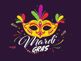 Karneval gras Feier Poster Design mit bunt Party Maske und Konfetti dekoriert auf lila Hintergrund. vektor