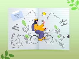 jung Mädchen Reiten ein Fahrrad mit Anmerkungen und Sonne Natur Aussicht im kreativ Tagebuch auf Grün Hintergrund. vektor