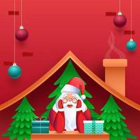söt santa claus med gåva lådor, xmas träd inuti skorsten hus och hängande grannlåt dekorerad på röd bakgrund. vektor