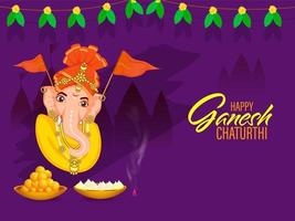 glücklich Ganesh Chaturthi Poster Design mit Herr Ganesha Gesicht, Flaggen, laddu und modak im Schalen auf lila Silhouette Tempel Hintergrund. vektor