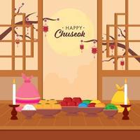 öffnen Tür voll Mond Hintergrund mit köstlich Früchte, Reis Schüssel, Songpyeon, Säcke und Kerze Stand zum glücklich Chuseok Feier. vektor