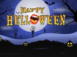 gul skrämmande Lycklig halloween font med monster mun, jack-o-lanterns, fladdermöss flygande och skelett händer på full måne blå skog bakgrund. vektor