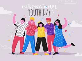 glad Tonårs vänner stående tillsammans på pastell lila bakgrund för internationell ungdom dag. vektor