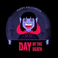glad kvinna vampyr eller monster presenter dag av de död droppande text på svart bakgrund för Lycklig halloween firande. vektor