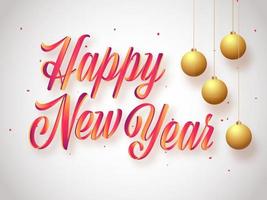 Gradient glänzend glücklich Neu Jahr Schriftart mit hängend golden Kugeln auf Weiß Hintergrund. vektor