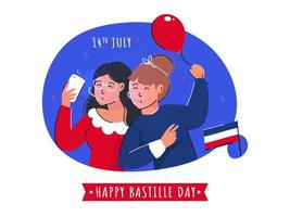 Karikatur jung Mädchen nehmen Selfie zusammen mit ein Ballon und Frankreich Flagge auf abstrakt Hintergrund zum 14 .. Juli, glücklich Bastille Tag. vektor