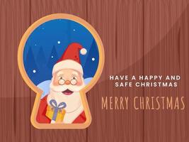 Karikatur Santa claus spähen von Tür Schlüsselloch mit hölzern Textur zum glücklich und sicher fröhlich Weihnachten. vektor