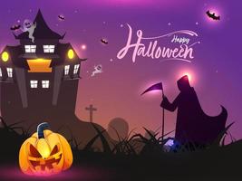 glücklich Halloween Feier Hintergrund mit Silhouette grimmig Sensenmann, Kürbislaterne, Karikatur Geist und verfolgt Haus. vektor