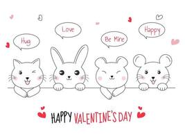 Linie Kunst Illustration von süß Karikatur Katze, Kaninchen, tragen, Ratte Sprichwort anders Mitteilungen auf das Gelegenheit von glücklich Valentinstag Tag Feier. vektor