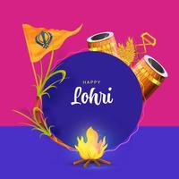 glücklich lohri Feier Konzept mit Festival Elemente mögen wie Lagerfeuer, Zuckerrohr, Musik- Instrument, Sikh Flagge auf Blau und Rosa Hintergrund. vektor