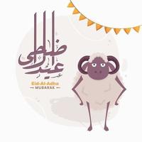 Arabisch Kalligraphie von eid-al-adha Mubarak mit Karikatur Schaf und Ammer Flagge auf Weiß Hintergrund. vektor