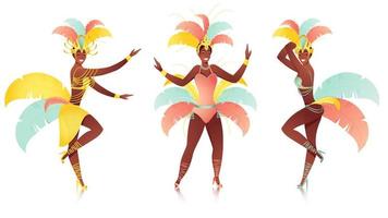 Samba weiblich Tänzer Charakter auf Weiß Hintergrund. vektor
