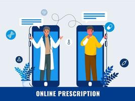 tecknad serie läkare man och patient talande tillsammans från smartphone på blå bakgrund för uppkopplad recept eller samråd begrepp. vektor