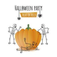 linje konst illustration av skelett njuter eller fira med papper skära pumpa på vit bakgrund för halloween fest. vektor