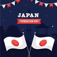 japan fundament dag affisch design med nationell flaggor och silhuett japansk känd monument på blå bakgrund. vektor