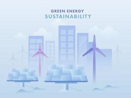 Grün Energie Nachhaltigkeit Konzept basierend Poster Design mit Solar- Tafeln, Windmühlen und Gebäude auf Blau Hintergrund. vektor