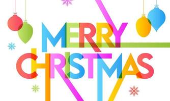 färgrik glad jul text med hängande grannlåt och snöflingor dekorerad på vit bakgrund. vektor