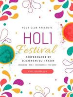 holi Festival Flyer oder Vorlage Design mit oben Aussicht Farbe Schalen und bunt Bogen Tropfen dekoriert auf Weiß Hintergrund. vektor