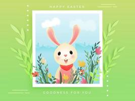 tecknad serie kanin med blommig landskap i ram eller fotografera på grön bakgrund för Lycklig påsk, godhet för du. vektor