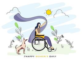 gesichtslos jung Mädchen Sitzung im Rollstuhl mit Hund auf Gekritzel Sonne Natur Aussicht Hintergrund zum glücklich Damen Tag Konzept. vektor