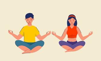 jung Junge und Mädchen meditieren im Lotus Pose. vektor