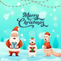 illustration av santa claus med polär Björn innehav gåva låda och tecknad serie ekorre på turkos vinter- bakgrund för glad jul. vektor