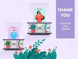 Karikatur Mann und Frau klatschen zu schätzen Ärzte und Krankenschwestern von Balkon mit Sprichwort danken Sie auf Natur lila Hintergrund.