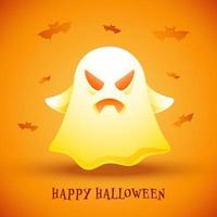 glücklich Halloween Poster Design mit glänzend Karikatur Geist und fliegend Fledermäuse auf Orange Hintergrund. vektor