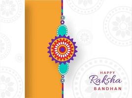 Lycklig Raksha bandhan font med färgrik blommig rakhi på vit mandala mönster bakgrund. vektor