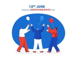 Charakter von Menschen genießen oder feiern mit dreifarbig Luftballons zum 12 .. Juni glücklich Russland Unabhängigkeit Tag. vektor