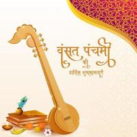 Hindi Text Beste wünscht sich von Vasant Panchami mit veena Instrument und Religion Angebot auf Weiß Mandala Muster Hintergrund. vektor