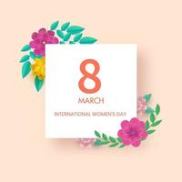 8 Marsch, International Damen Tag Gruß Karte dekoriert mit bunt Blumen und Grün Blätter. vektor