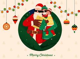 heiter Santa claus nehmen Selfie mit Karikatur Mann halten seine Sohn und hängend Kugeln auf Weihnachten Baum Muster Hintergrund zum fröhlich Weihnachten. vektor