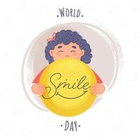 Welt Lächeln Tag Text mit Karikatur Mädchen halten ein Smiley Gesicht und braun Lärm Bürste bewirken auf Weiß Hintergrund. vektor