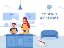 Illustration von Frau Portion ihr Sohn Herstellung Essen beim Küche Zuhause und Karikatur Hund Sitzung auf Blau und Weiß Hintergrund. vermeiden Coronavirus. vektor
