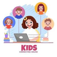 süß Mädchen haben Video Berufung zu Klassenkameraden freunde im Laptop auf abstrakt Hintergrund zum Kinder verbinden online. vektor