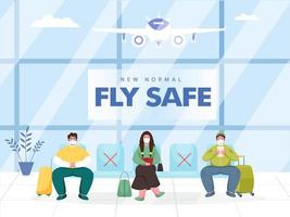 illustration av passagerare ha på sig skyddande mask sitta på sittplats med upprätthålla social avstånds i flygplats under coronavirus. ny vanligt flyga säker begrepp. vektor