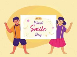 heiter Junge und Mädchen halten ein Botschaft Papier von Welt Lächeln Tag auf Gelb Smiley Gesicht Muster Hintergrund. vektor