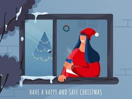Lycklig säker jul firande affisch design med glad kvinna njuter drycker på fönster för undvika coronavirus. vektor