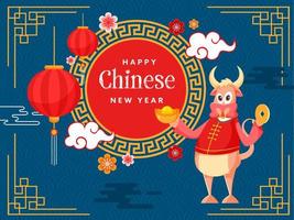 Illustration von Karikatur Ochse halten Barren mit China des Kaisers Münze, Blumen, Wolken und hängend Laternen dekoriert auf Blau halb Kreis Muster Hintergrund zum glücklich Chinesisch Neu Jahr. vektor