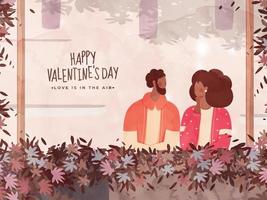 abstrakt Blätter dekoriert Rand Aquarell Hintergrund mit gesichtslos Paar Charakter zum glücklich Valentinstag Tag, Liebe ist im das Luft Konzept. vektor