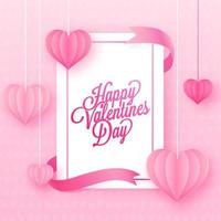 Lycklig hjärtans dag font på vit hälsning kort dekorerad med hängande rosa origami papper hjärtan. vektor