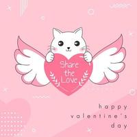 Karikatur Katze halten Liebe Engel mit gegeben Botschaft wie Teilen das Liebe auf Rosa Hintergrund zum glücklich Valentinstag Tag Feier. vektor