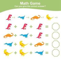 dinosaurier tema matematik spel arbetsblad. matematiskt aktivitet för barn. pedagogisk tryckbar matematik ark. ytterligare och subtraktion matematik för ungar. vektor fil.