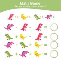 Dinosaurier Thema Mathematik Spiel Arbeitsblatt. mathematisch Aktivität zum Kinder. lehrreich druckbar Mathematik Blatt. zusätzlich und Subtraktion Mathematik zum Kinder. Vektor Datei.