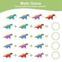 Dinosaurier Thema Mathematik Spiel Arbeitsblatt. mathematisch Aktivität zum Kinder. lehrreich druckbar Mathematik Blatt. zusätzlich und Subtraktion Mathematik zum Kinder. Vektor Datei.