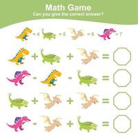 dinosaurier tema matematik spel arbetsblad. matematiskt aktivitet för barn. pedagogisk tryckbar matematik ark. ytterligare och subtraktion matematik för ungar. vektor fil.