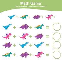 Dinosaurier Thema Mathematik Spiel Arbeitsblatt. mathematisch Aktivität zum Kinder. lehrreich druckbar Mathematik Blatt. zusätzlich und Subtraktion Mathematik zum Kinder. Vektor Datei.