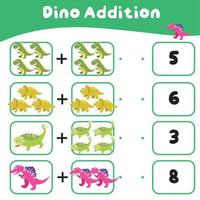 dinosaurier tema matematik spel arbetsblad. matematiskt aktivitet för barn. pedagogisk tryckbar matematik ark. vektor fil.