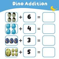 dinosaurier tema matematik spel arbetsblad. matematiskt aktivitet för barn. pedagogisk tryckbar matematik ark. vektor fil.